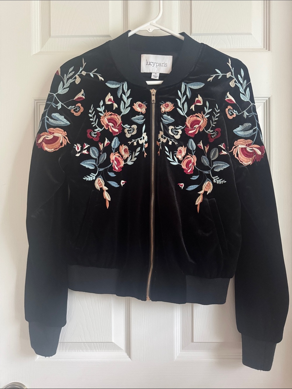 Lucy Paris Black Velvet Bomber Jacket with Multicolor Floral Embroidery